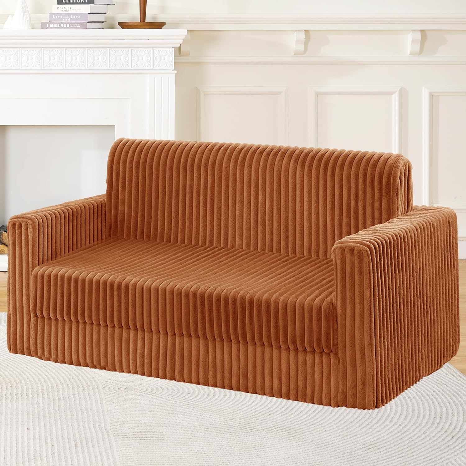 Convertible Folding Sofa Bed, Foldable Sleeper Couch with Armrest, Comfy Floor Couch, Fold Out Lounge Bed, Multi-Functional Lazy Sofa for Bedroom Living Room Dorm Home Office (Orange)