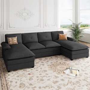 110" Sectional Couch for Living Room,4 Seat U Shape Couch with Double Chaise, Sofa Couches Sleeper with Thick Cushion & Soft Backrest,Black