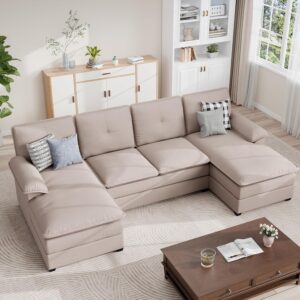 Sectional Couches for Living Room, Comfy Cloud Couch with Chaise 110" U-Shaped Sofa 4-seat  Sofa Large Sectional Couch with Ottoman for Living Room (Khaki)
