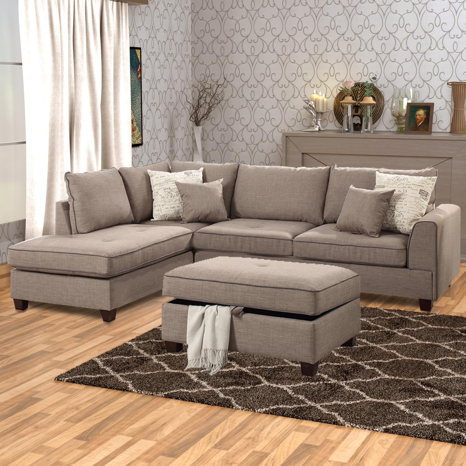 Fabric 3 Piece Sectional With Storage Ottoman Light Brown - Image 2