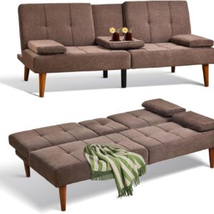 Sofa Bed-Fabric Small Couch, Convertible Sofa Bed with 2 Cup Holders, Removable Soft Armrest, Adjustable Backrest for Dorm/Bedroom/College