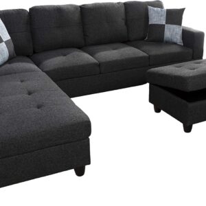 Sectional Sofa Couch,L-Shaped ern Style w/Storage Ottoman 3-Piece for Living Room|Linen Upholstery|(2) Toss Pillows(Left Hand Facing, Black)