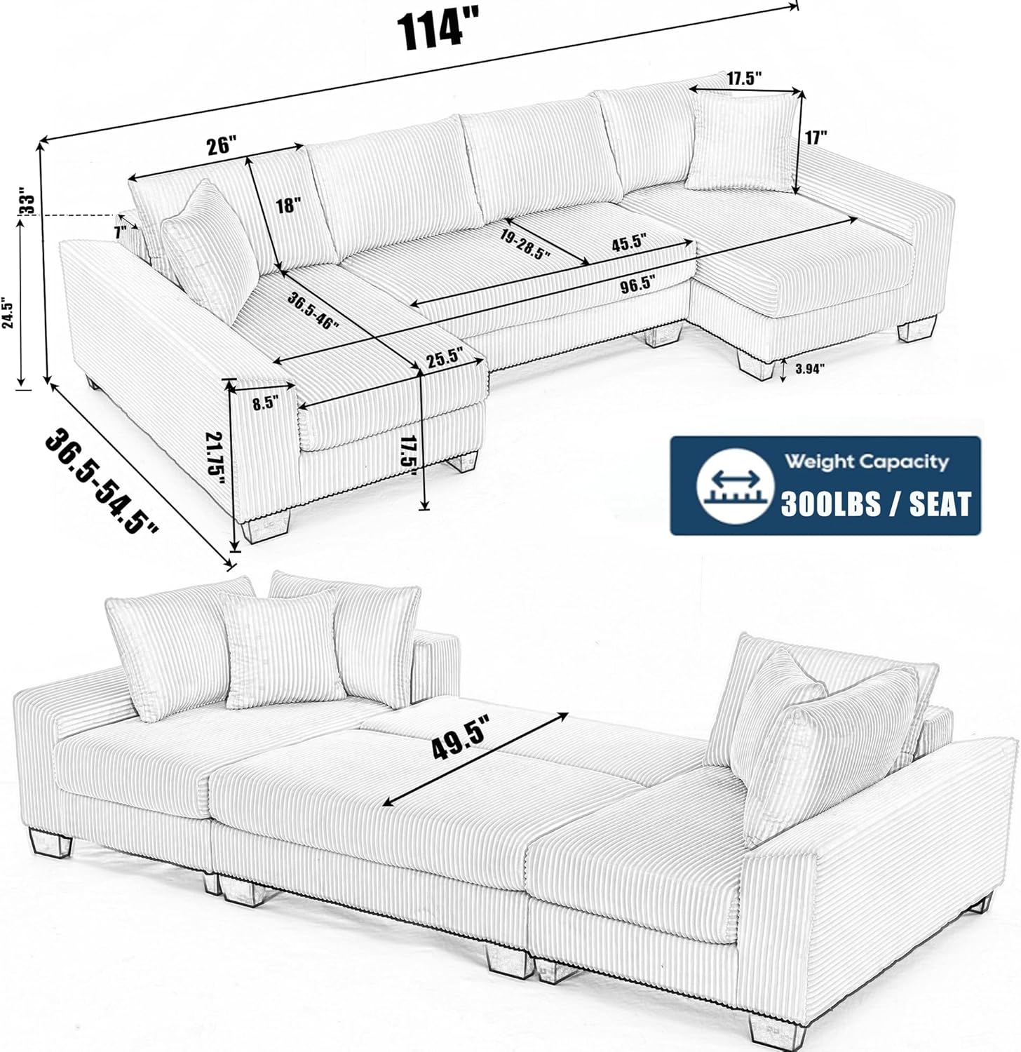114" Sectional Sofa Couch Bed, Corduroy Convertible U Shaped Couch, Comfy 4 Seat Sleeper Sofa with Double Chaise for Living Room, Beige - Image 2