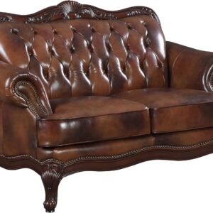 Leather & Wood - Upholstered Loveseat with Rolled Arms, Button-Tufted Backrest, and Brass Nailheads - Living Room - Brown -