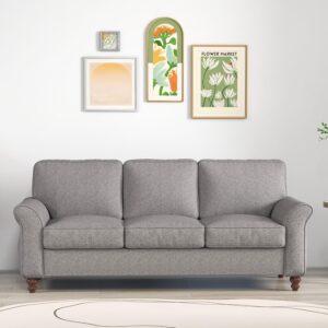 3 Seater ern Sofa Couch with Thick Cushion,Solid Wood Legs and Side Pockets for Living Room Apartment Office, Grey