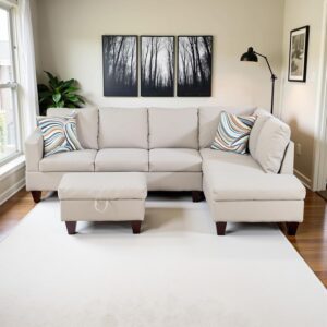 L Shaped Couch Sectional Couch Upholstered Flannelette 3 Pieces Sofas for Living Room with Chaise, Ottoman with Storage for Office and Small Apartment, Off-White