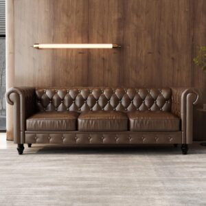 Leather Brown Sofa for Living Room  3 Seater Couch Sofa Comfortable Soft Sturdy Durable Furniture for Office Bedroom Apartment Hotel Place