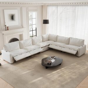 140.16" Power Reclining Sofa with Wireless Charging & Heated Seats,Smart Recliner Sectional Couch,Zero Gravity Recliner Sofa,Deep Seat Cloud Couch for Living Room Home Theater,Beige,6 Seats