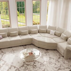 173" Oversized Modular Sectional Sofa with 6-Side Deep Chaise & Adjustable Armrest & High Backrest & Storage Seat, L Shaped Flower Sectional Couches for Living Room, Chenille Khaki | Pet-Friendly Fabric, Plush Cushions