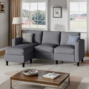 Small Sectional Couch with Ottoman, 3 Seat L Shaped Sofa, Fabric Upholstered Convertible Sofa Couches, Small Couch for Apartments, Living Room and Office