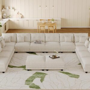 Oversized Modular Sectional Couches for Living Room with Storage | Plush Corduroy, 14-Seater Sofa, 12 Throw Pillows, L/U-Shaped Sleeper, Beige Sofa