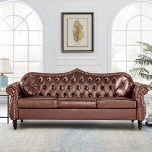 82" Three Seater Sofa,  Sofa, Mid-Century ern  Upholstered Sofa, Deep Button Tufted Living Room Sofa with Two Throw Pillows, Brown