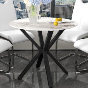 Faux Marble Round Dining Table with Black Metal Legs, Modern Sintered Stone White Kitchen Table Circle Table for Dining Room Kitchen