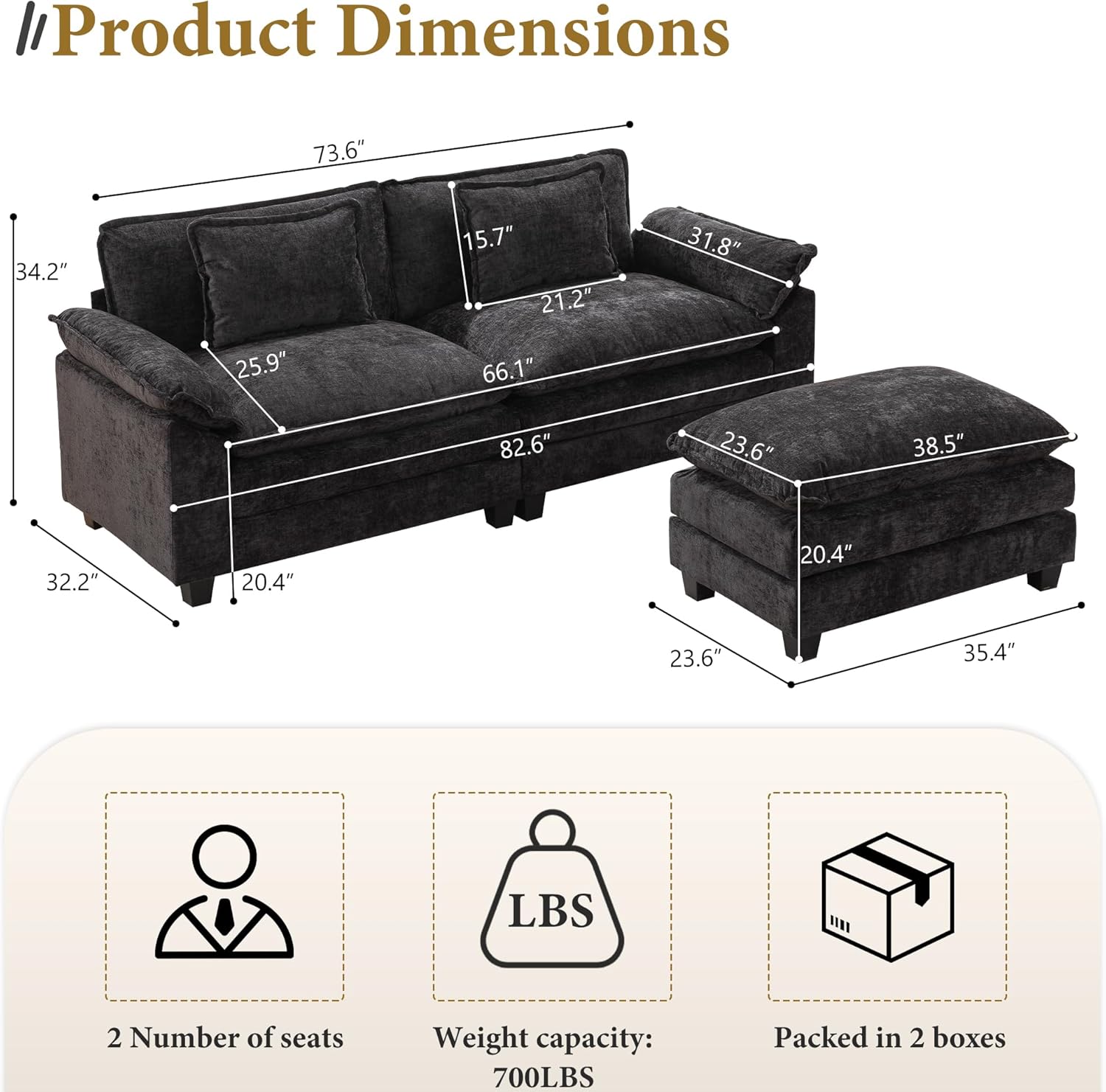 Sectional Sofa Comfy Cloud Couch, ern Chenille Sofa Sleeper Deep Seat Couches with Ottoman/Pillows for Living Room (Black, 82.6''- L Shape) - Image 2
