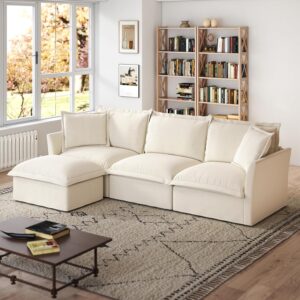 120" Sectional Sofa Slipcovered, Oversized L-Shaped Cloud Couch with Removable Covers, 3-Seater Sofa Couch with 1 Movable Ottoman, Spacious Living Room Furniture (Cream,Chenille)