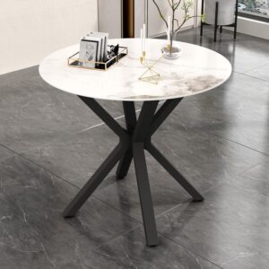 Round Faux Marble Dining Table for 2-4 with Metal Legs, 31.5 Inch Modern Small Sintered Stone Kitchen Table for Kitchen Dining Room (White)