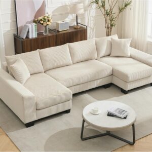 114" Sectional Sofa Couch Bed, Corduroy Convertible U Shaped Couch, Comfy 4 Seat Sleeper Sofa with Double Chaise for Living Room, Beige