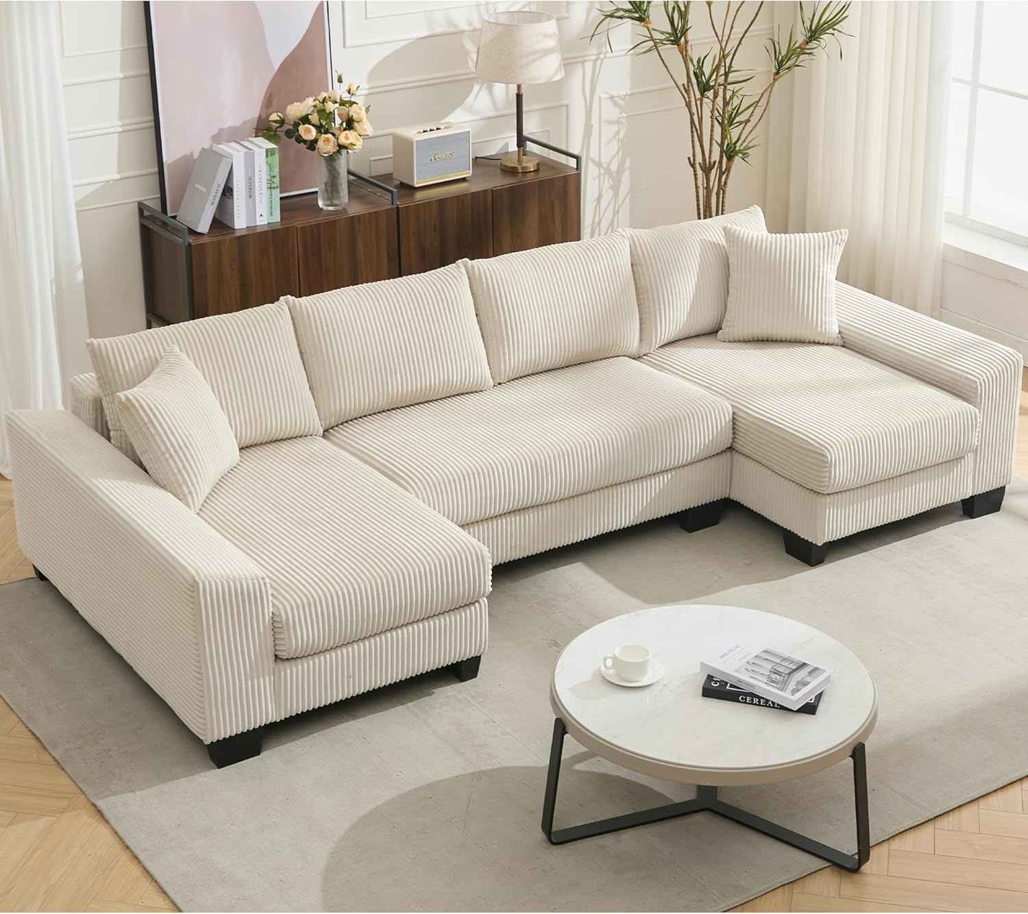 114" Sectional Sofa Couch Bed, Corduroy Convertible U Shaped Couch, Comfy 4 Seat Sleeper Sofa with Double Chaise for Living Room, Beige