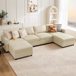 Convertible Sectional Sofa Couch, 6 Seat 6 Backs Sofa Set with Storage for Living Room, U-Shaped ern  Sofa Sleeper with Reversible Chaise, Beige