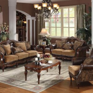 4-Piece Formal Living Room Set: Luxury Sofa, Loveseat, Single Chair and Coffee Table - Brown and Chenille