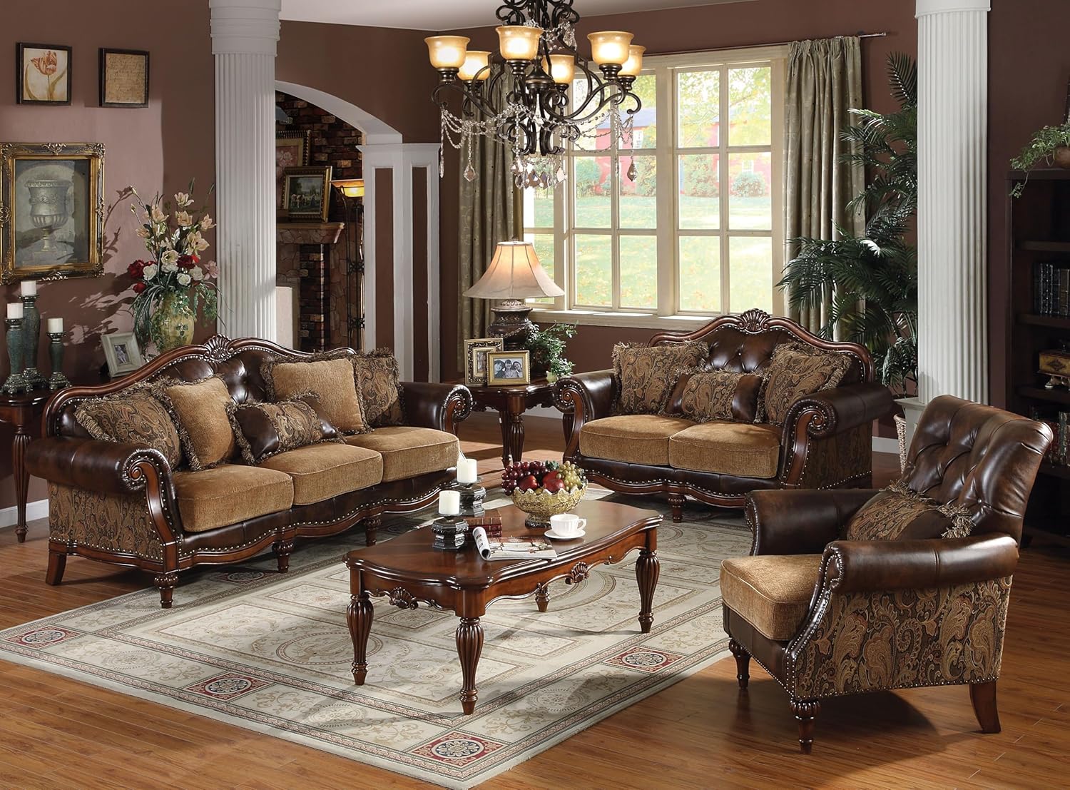 4-Piece Formal Living Room Set: Luxury Sofa, Loveseat, Single Chair and Coffee Table - Brown and Chenille