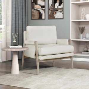with Wire-Brushed Light Brownish-Grey Wood Frame, Chenille Upholstered Living Room Arm  with Wrapped Arm Rest, Single Sofa  with Thick Seat Cushion, Cream