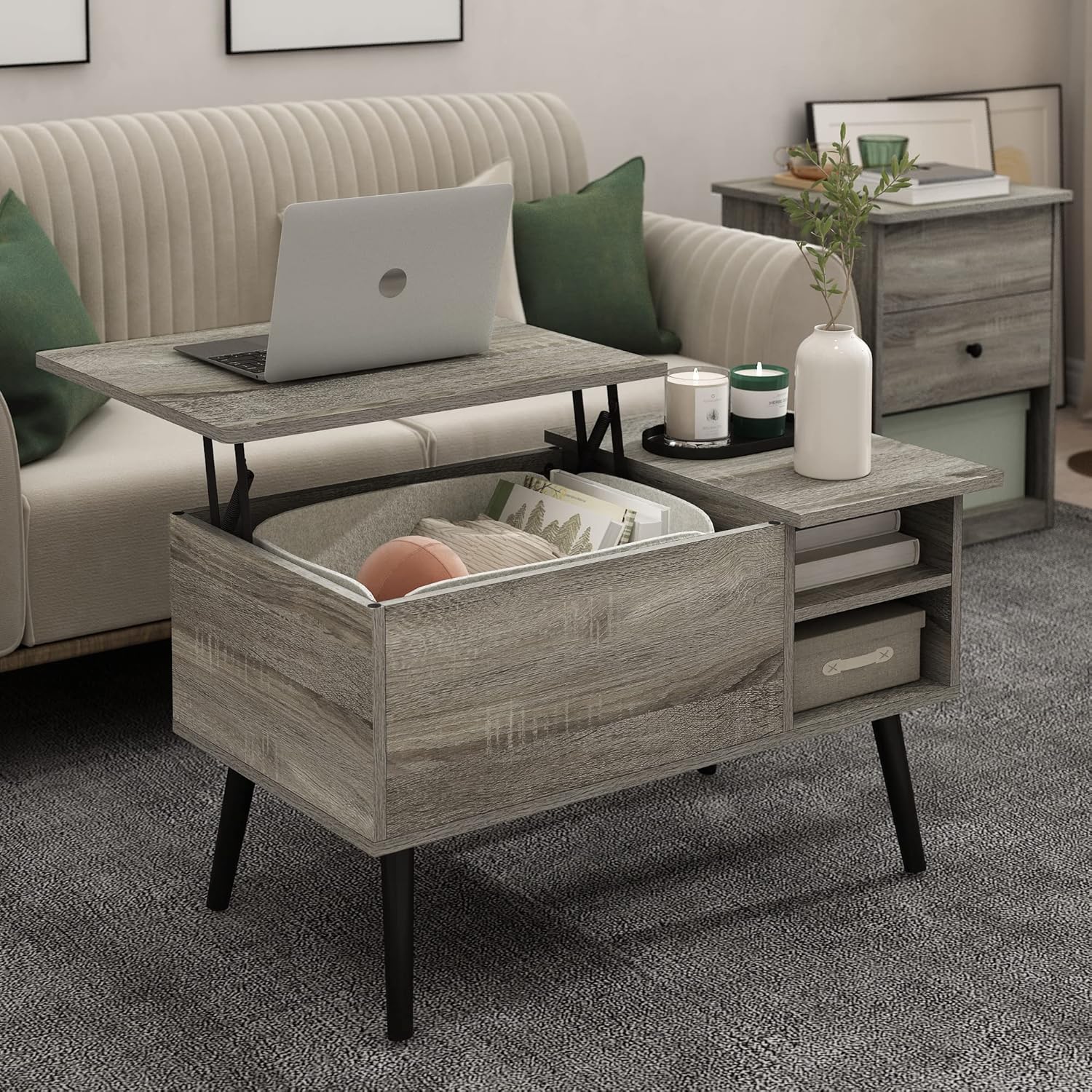 Living Room Wooden Leg Lift Top Coffee Table With Hidden Compartment and Side Open Storage Shelf, French Oak Grey - Image 2