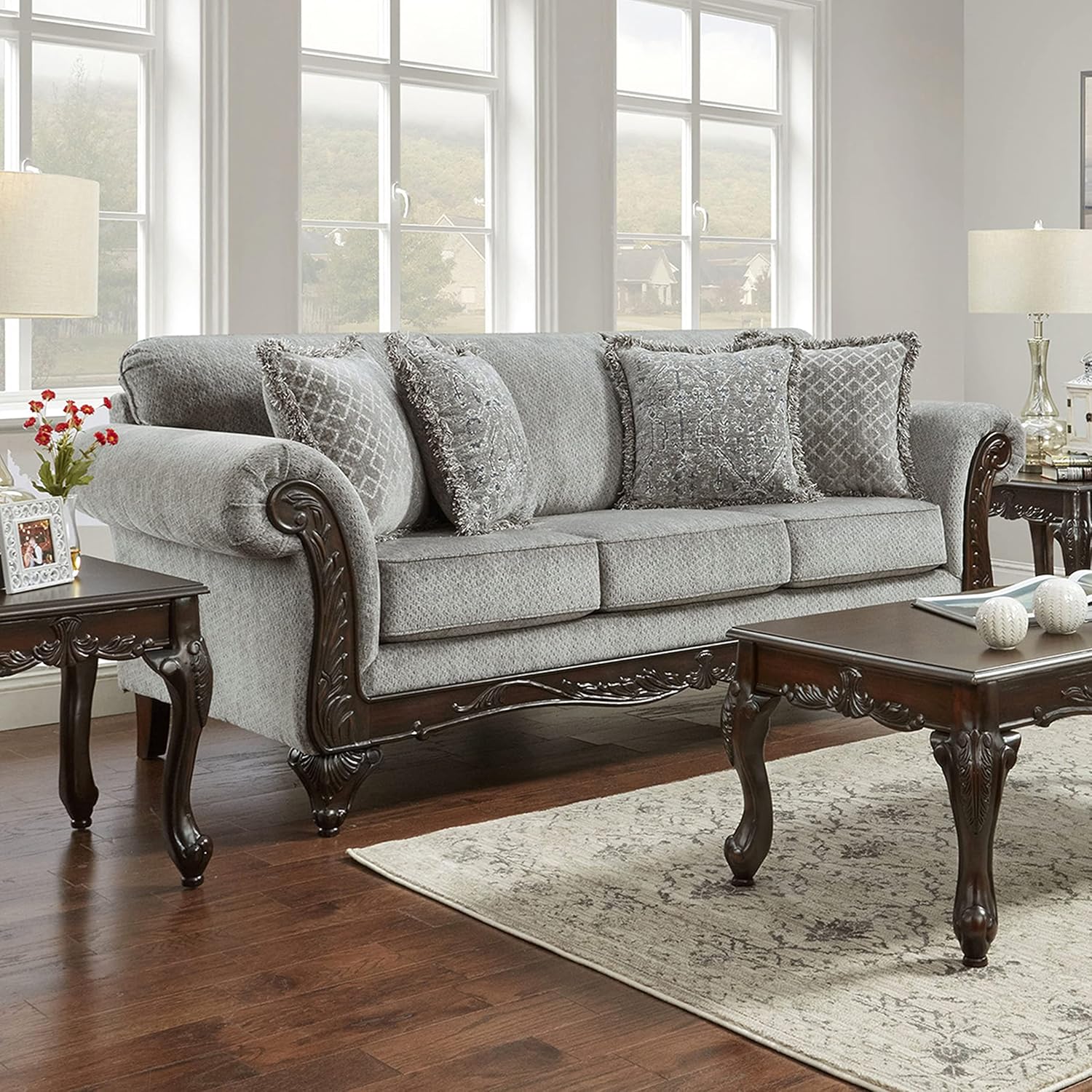 2-Piece Living Room Set, Carved Wood Frame Sofa and Loveseat, Gray - Image 2