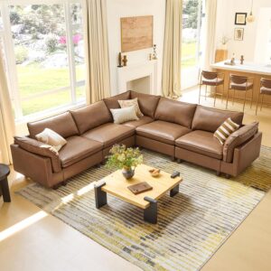 118" Super Large Sectional Couches for Living Room, Modular Cloud Couch Sectional Sofa, Premium Genuine Leather Sofa, Down Filled, High Density Foam, Real Leather in Saddle, 5 Seat Corner Couch