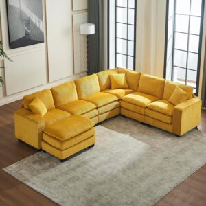 Oversized 7 Seaters  Sectional Sofa Comfy Cloud Cushions Sofa Couch W/Movable Ottoman,U-Shaped Corner Sectional Couch Living Room Seat Group Convertible Sofa&Couch for Home/Office/Apartment