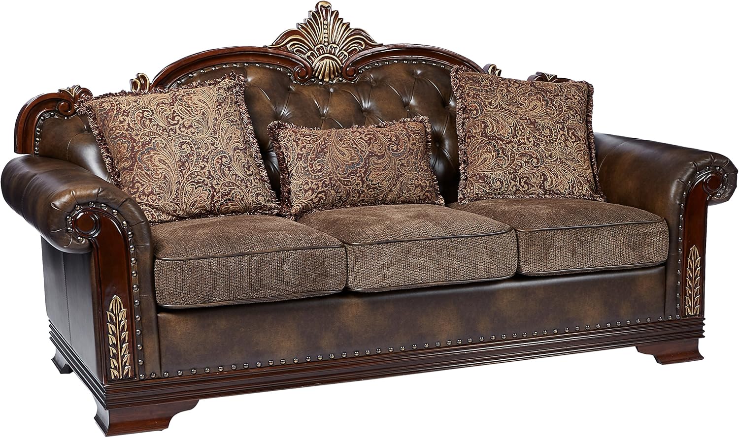 Traditional Two-Tone Sofa, 86"W, Brown Leather