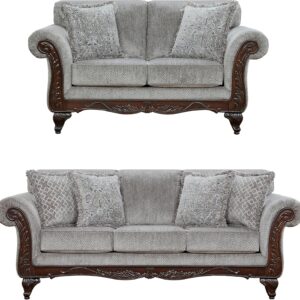 2-Piece Living Room Set, Carved Wood Frame Sofa and Loveseat, Gray