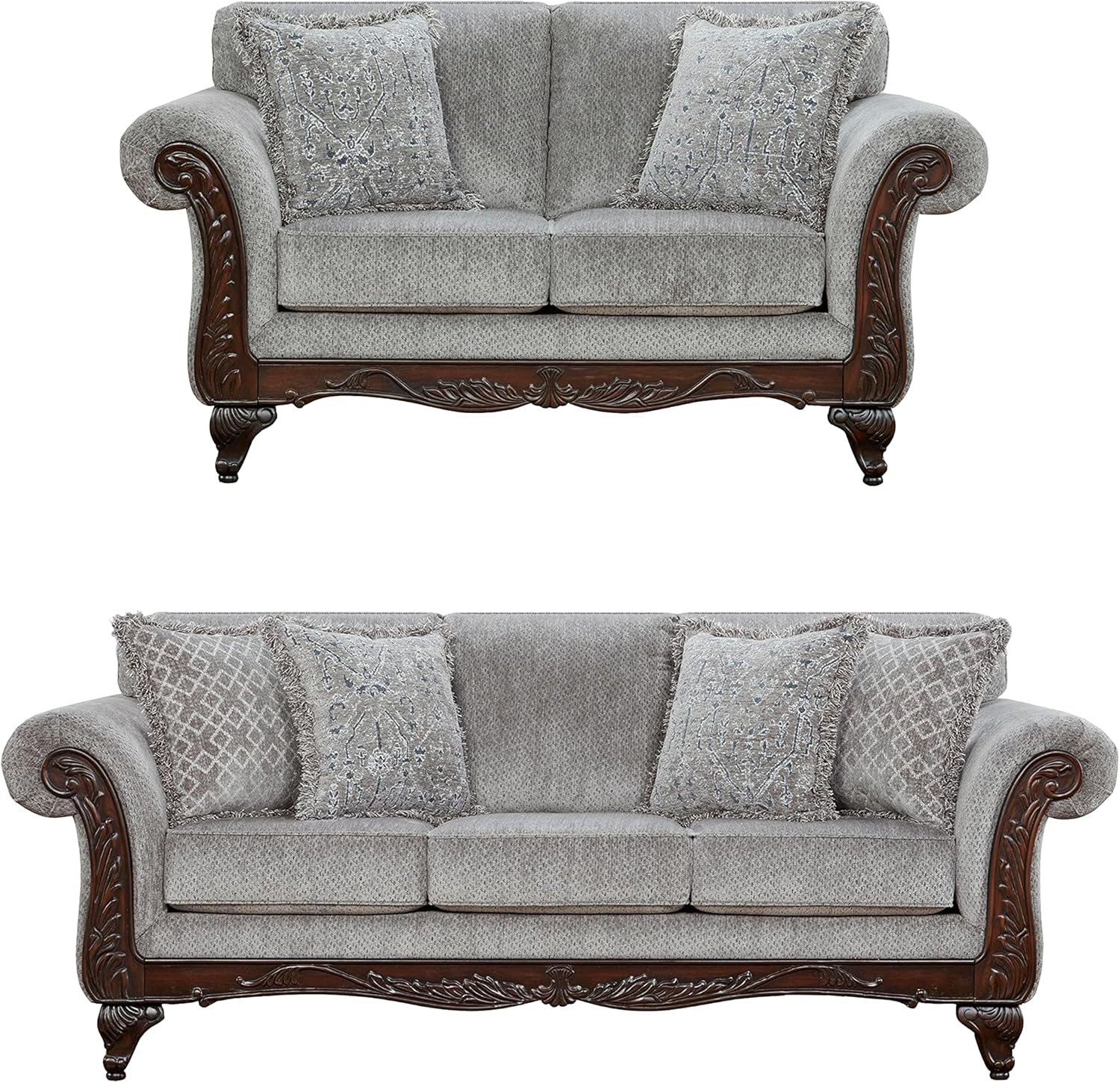 2-Piece Living Room Set, Carved Wood Frame Sofa and Loveseat, Gray