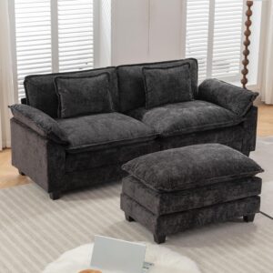 Sectional Sofa Comfy Cloud Couch, ern Chenille Sofa Sleeper Deep Seat Couches with Ottoman/Pillows for Living Room (Black, 82.6''- L Shape)