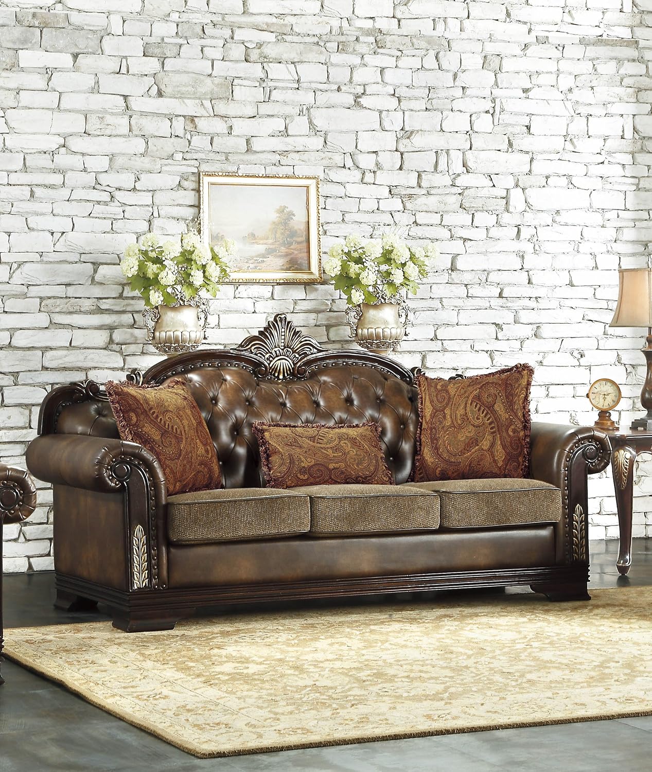 Traditional Two-Tone Sofa, 86"W, Brown Leather - Image 2
