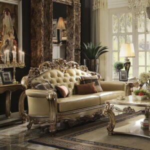 Sofa with 4 Pillows in Bone  and Gold Patina